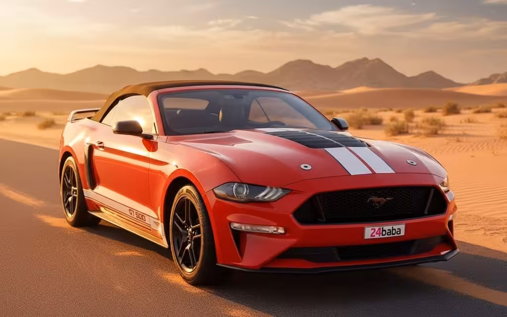 Ford Mustang 2020 Red front view with headlights – rental in Dubai