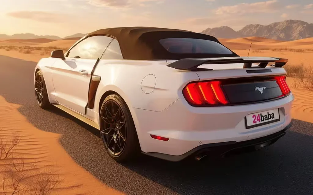 Ford Mustang 2023 White rear view showing taillights – rental in Dubai