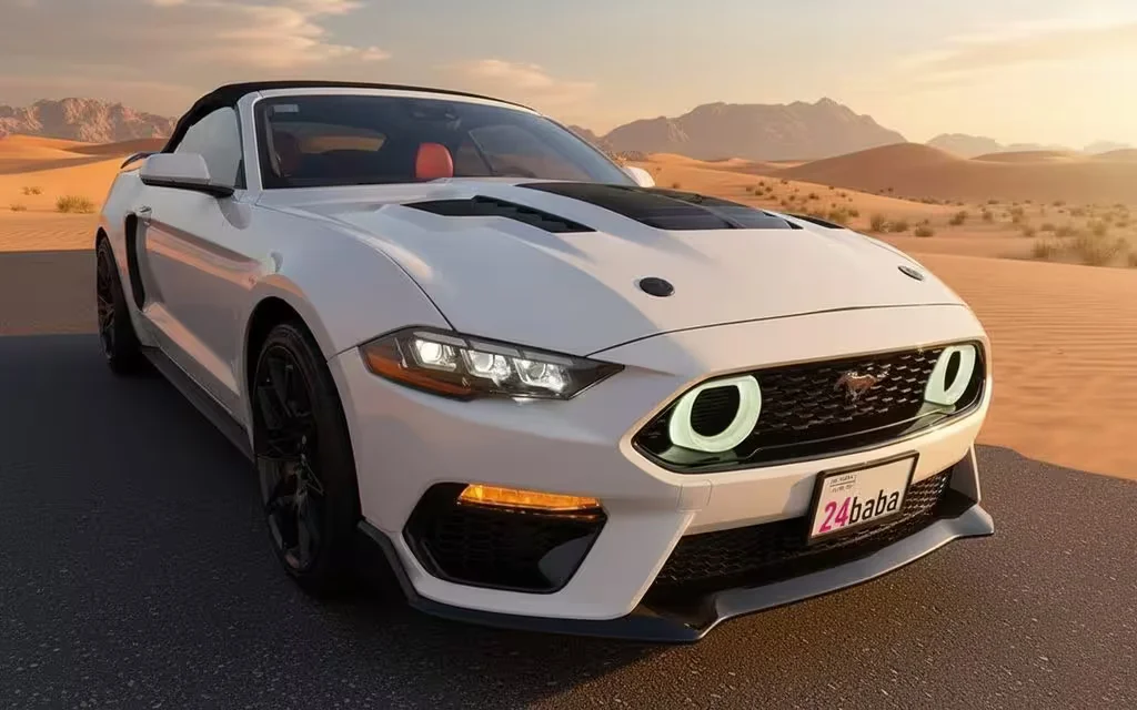 Ford Mustang 2023 White front view with headlights – rental in Dubai