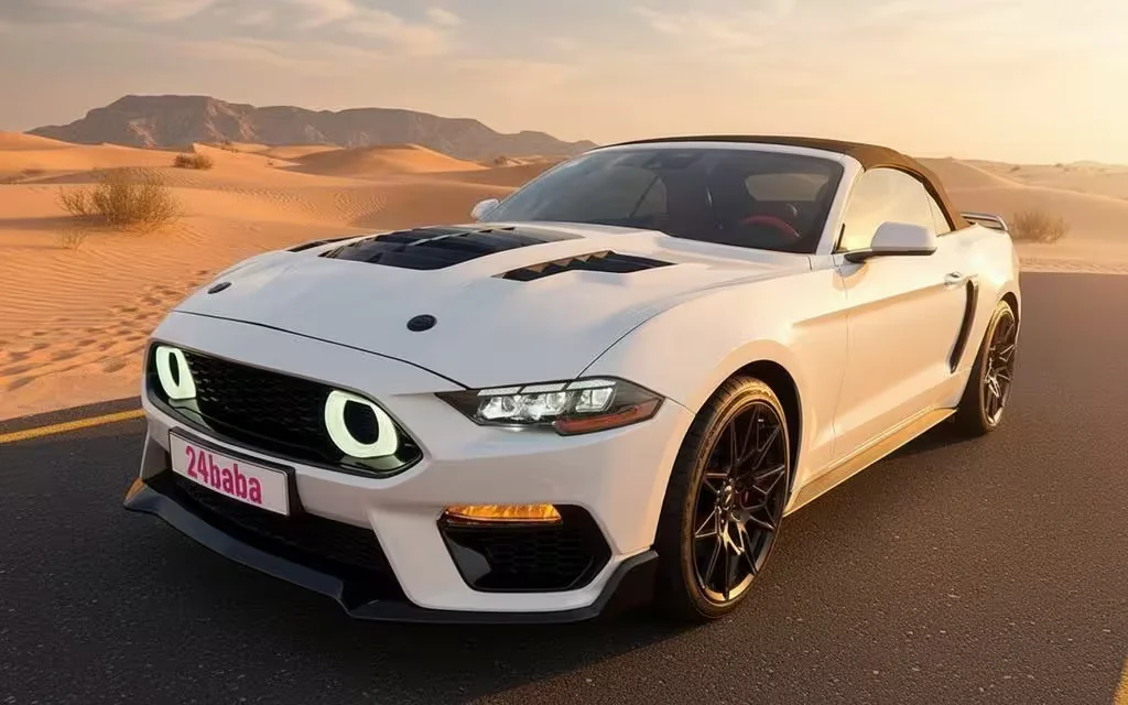 Ford Mustang 2023 White front view with headlights – rental in Dubai