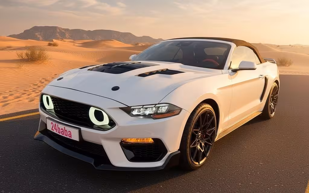 Ford Mustang 2023 White front view with headlights – rental in Dubai