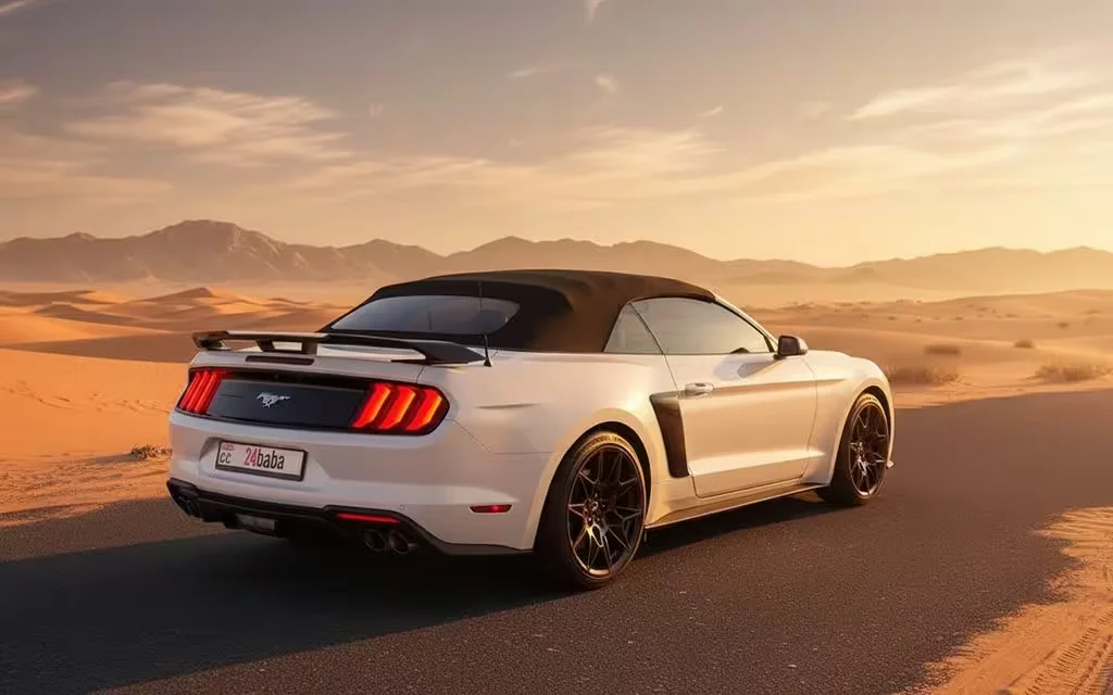 Ford Mustang 2023 White rear view showing taillights – rental in Dubai