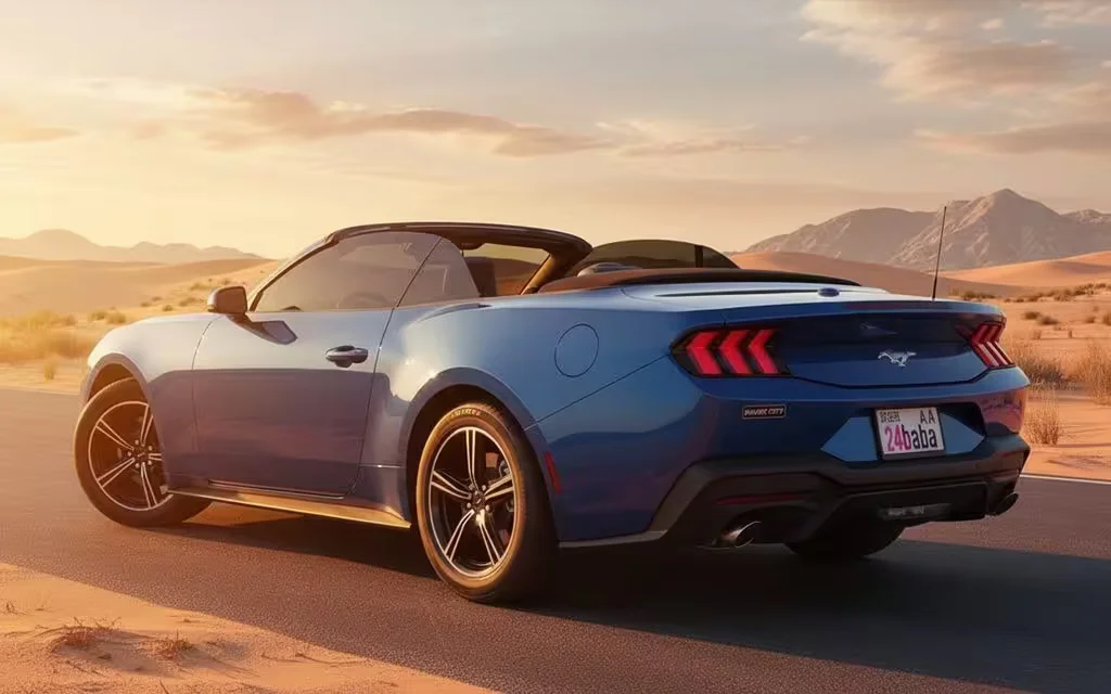 Ford Mustang 2024 Blue rear view showing taillights – rental in Dubai