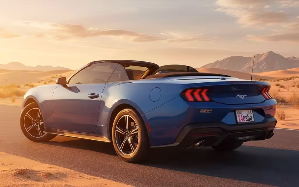 Ford Mustang 2024 Blue rear view showing taillights – rental in Dubai