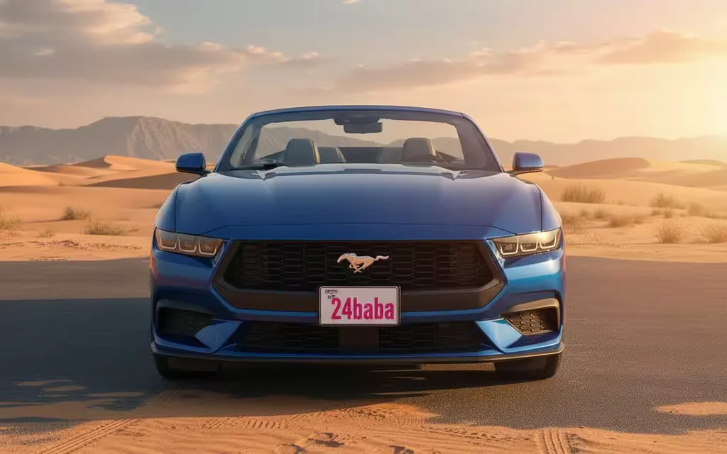 Ford Mustang 2024 Blue front view with headlights – rental in Dubai