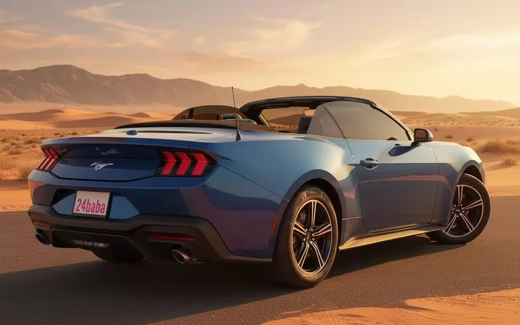 Ford Mustang 2024 Blue rear view showing taillights – rental in Dubai