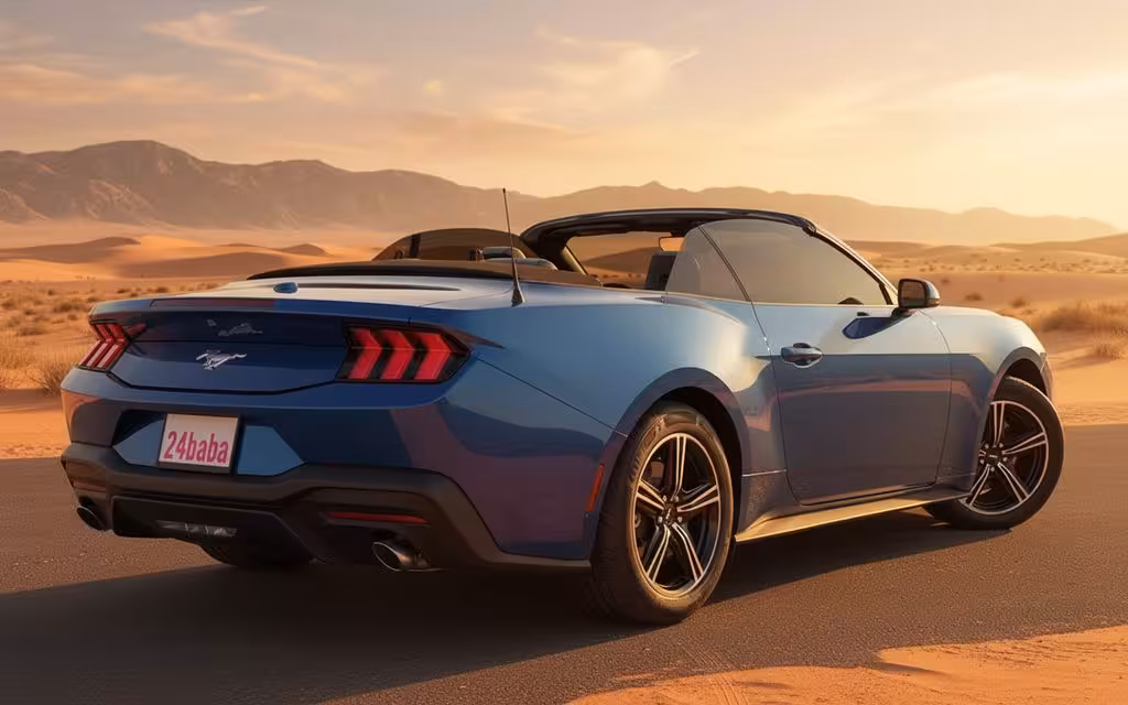 Ford Mustang 2024 Blue rear view showing taillights – rental in Dubai