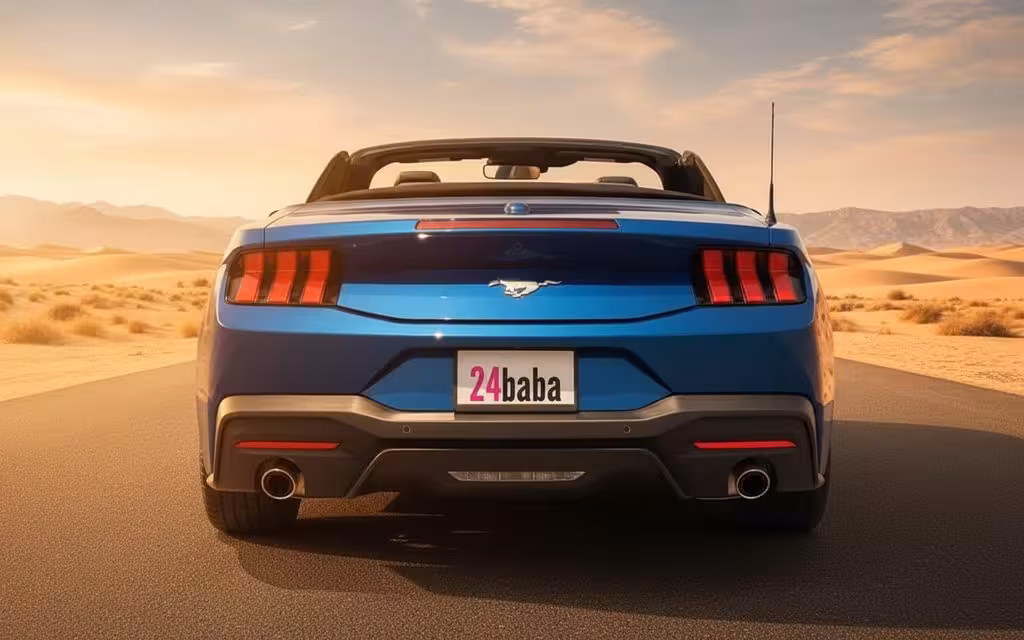 Ford Mustang 2024 Blue rear view showing taillights – rental in Dubai
