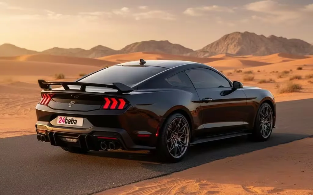 Ford Mustang 2024 Black rear view showing taillights – rental in Dubai