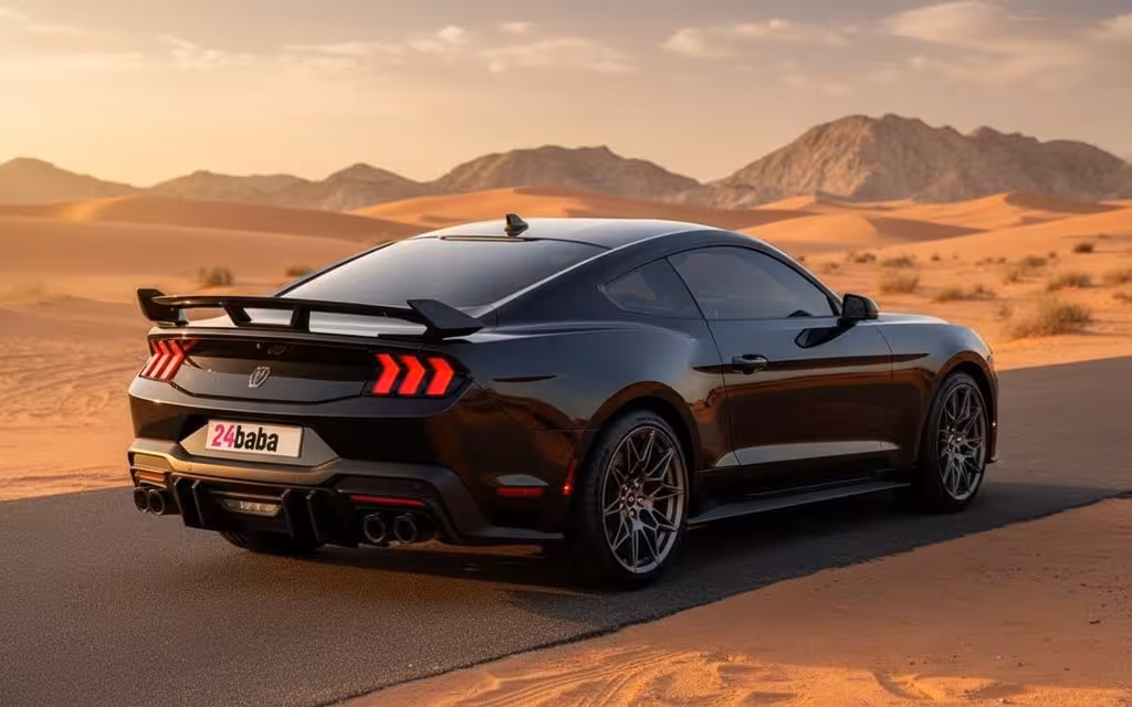 Ford Mustang 2024 Black rear view showing taillights – rental in Dubai