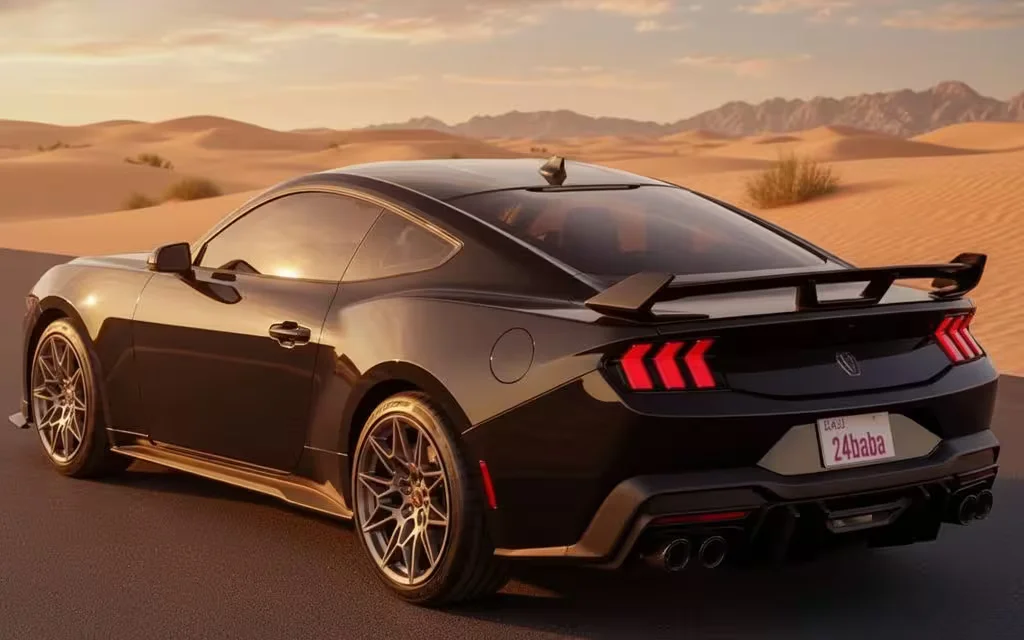 Ford Mustang 2024 Black rear view showing taillights – rental in Dubai