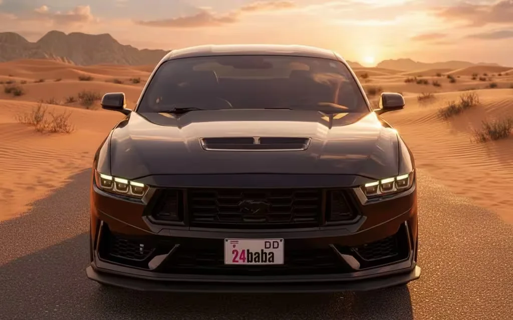Ford Mustang 2024 Black front view with headlights – rental in Dubai