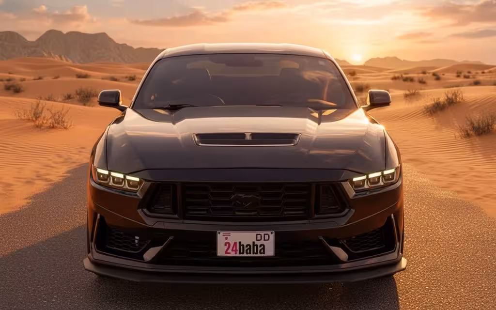 Ford Mustang 2024 Black front view with headlights – rental in Dubai