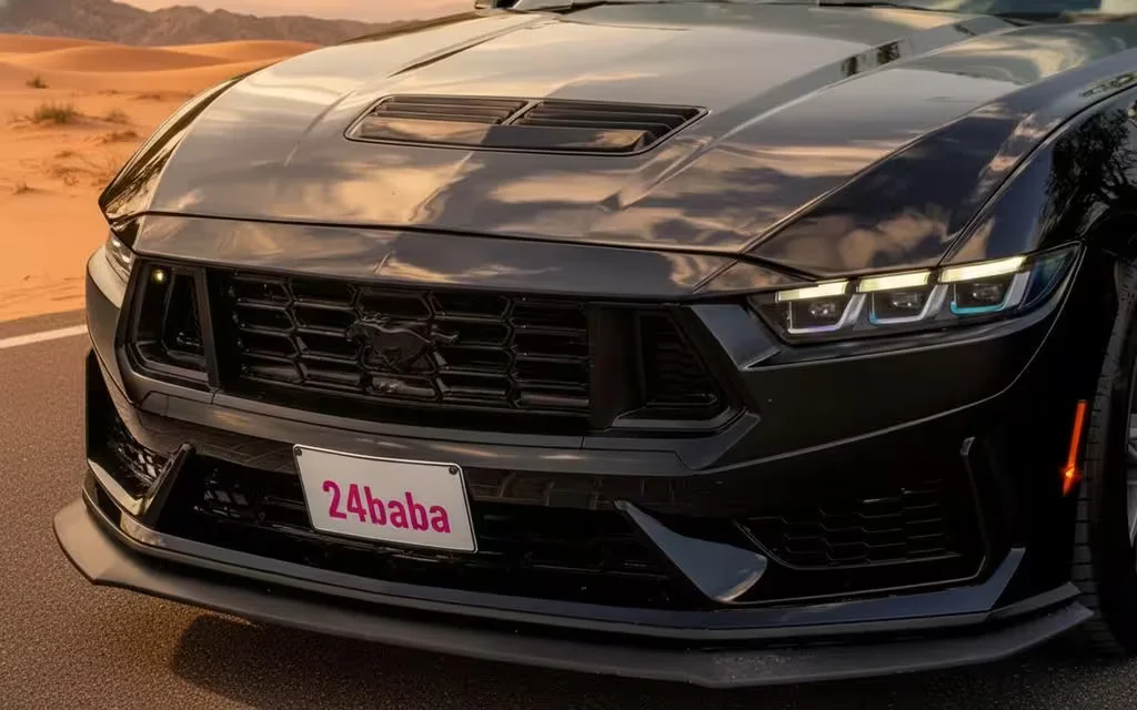 Ford Mustang 2024 Black front view with headlights – rental in Dubai