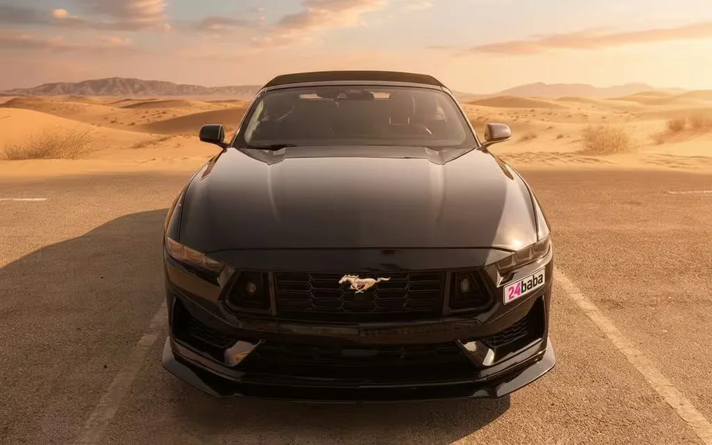 Ford Mustang 2024 Black front view with headlights – rental in Dubai