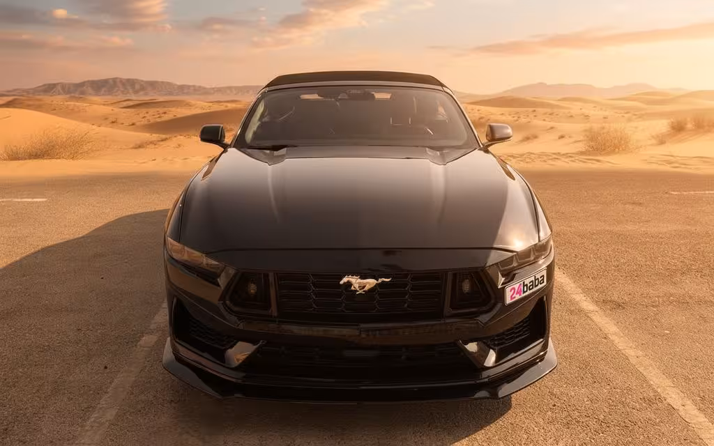 Ford Mustang 2024 Black front view with headlights – rental in Dubai