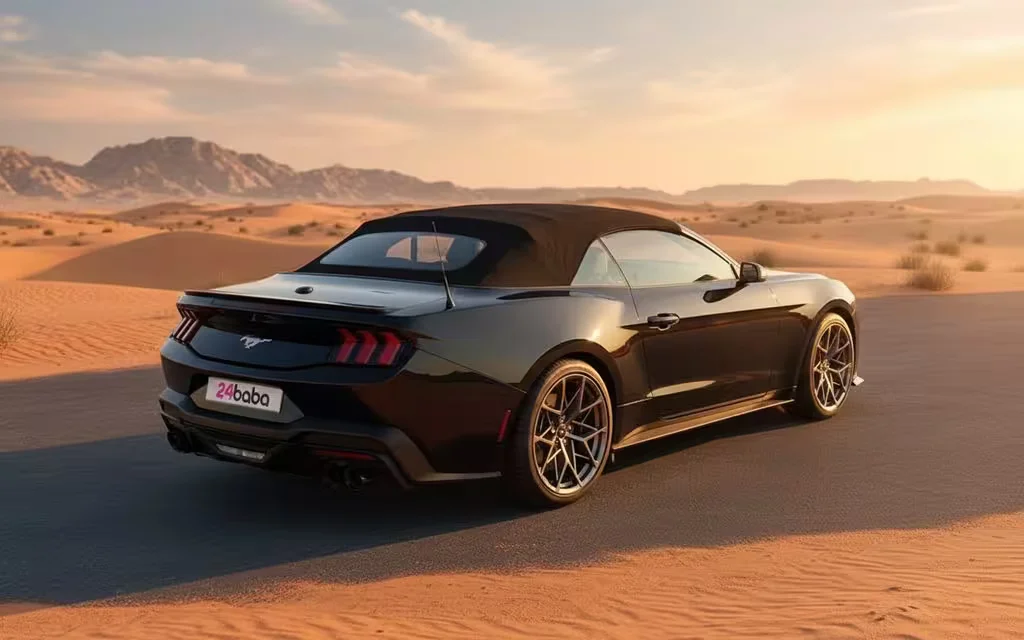 Ford Mustang 2024 Black rear view showing taillights – rental in Dubai