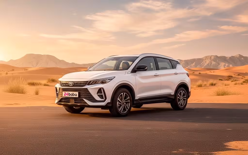 Geely Coolray 2025 White parked outdoor scene – rental in Dubai