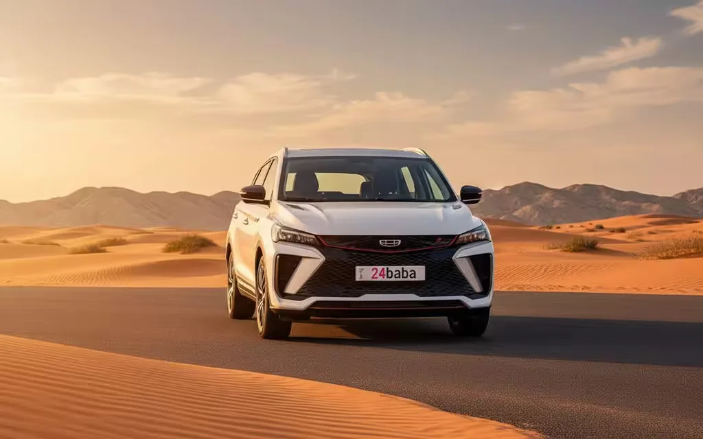 Geely Coolray 2025 White front view with headlights – rental in Dubai