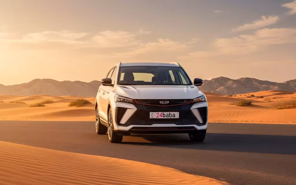 Geely Coolray 2025 White front view with headlights – rental in Dubai