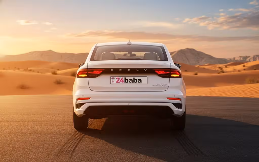 Geely Emgrand 2026 White rear view showing taillights – rental in Dubai