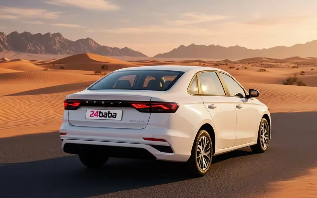 Geely Emgrand 2026 White rear view showing taillights – rental in Dubai