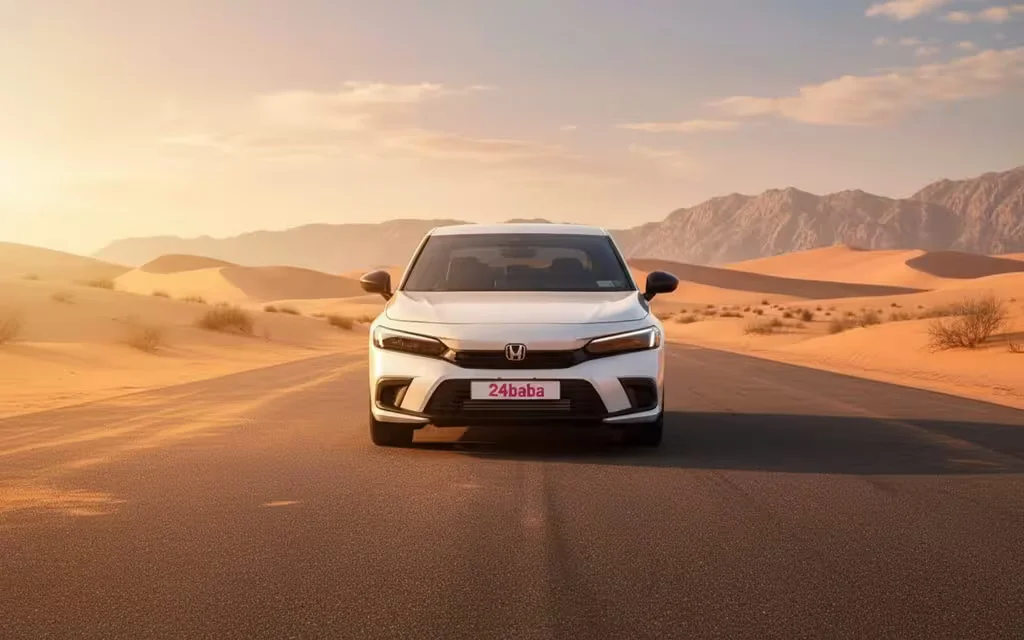 Honda Civic 2022 White front view with headlights – rental in Dubai
