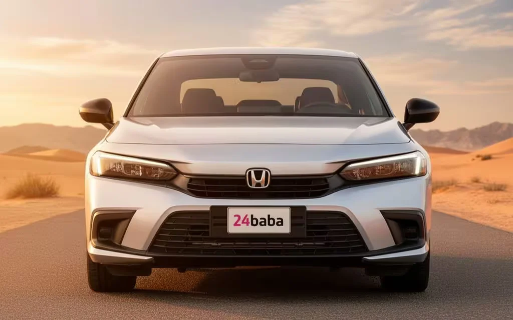 Honda Civic 2024 Silver front view with headlights – rental in Dubai