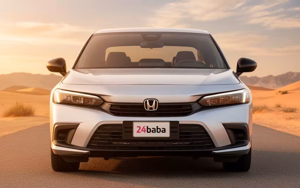 Honda Civic 2024 Silver front view with headlights – rental in Dubai