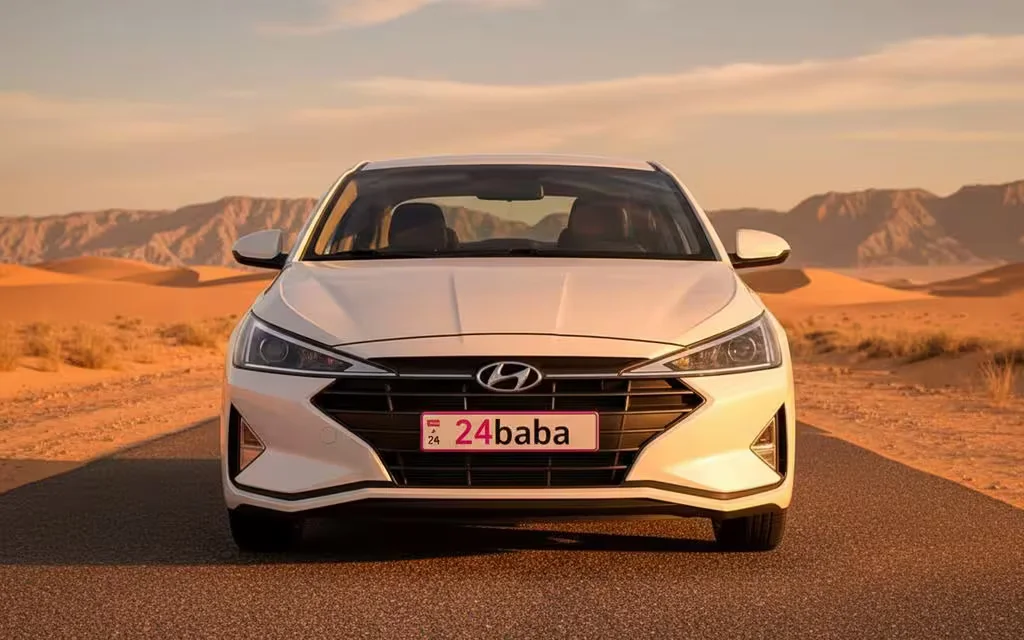 Hyundai Elantra 2020 White front view with headlights – rental in Dubai