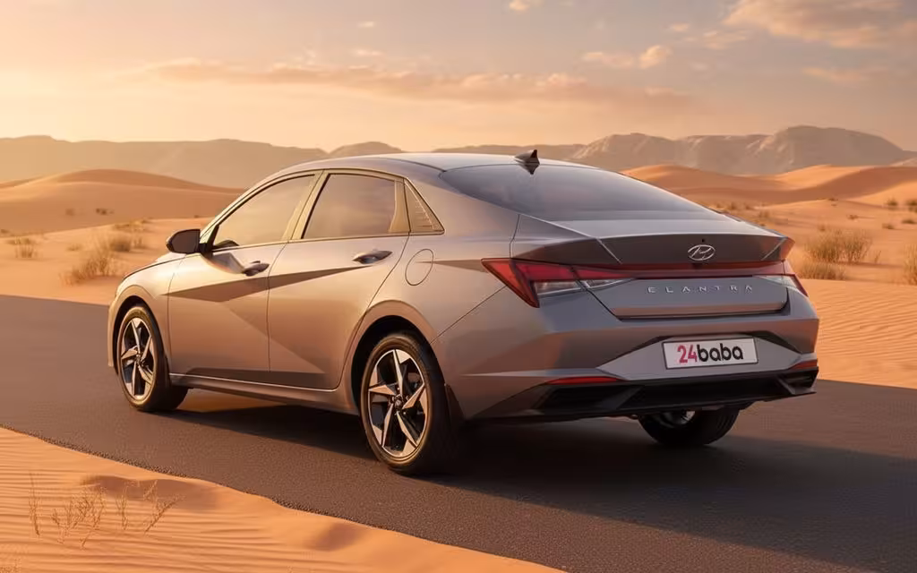 Hyundai Elantra 2023 Silver rear view showing taillights – rental in Dubai