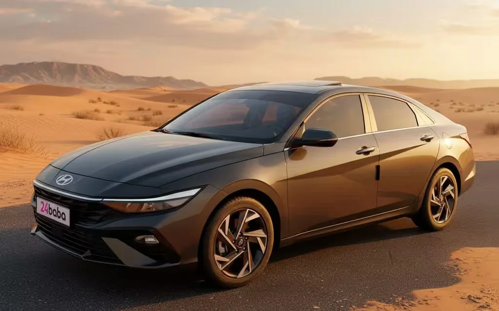 Hyundai Elantra 2024 Grey front view with headlights – rental in Dubai