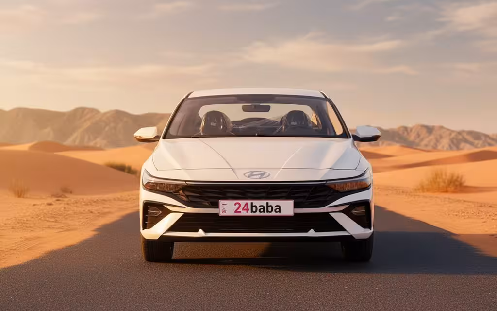 Hyundai Elantra 2025 White front view with headlights – rental in Dubai