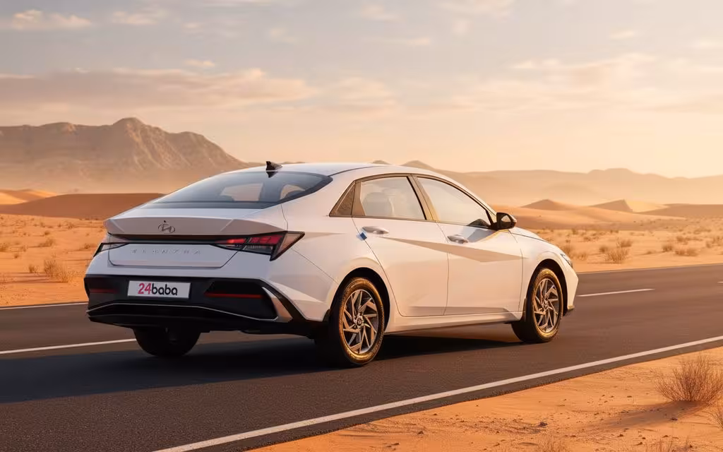 Hyundai Elantra 2025 White parked outdoor scene – rental in Dubai