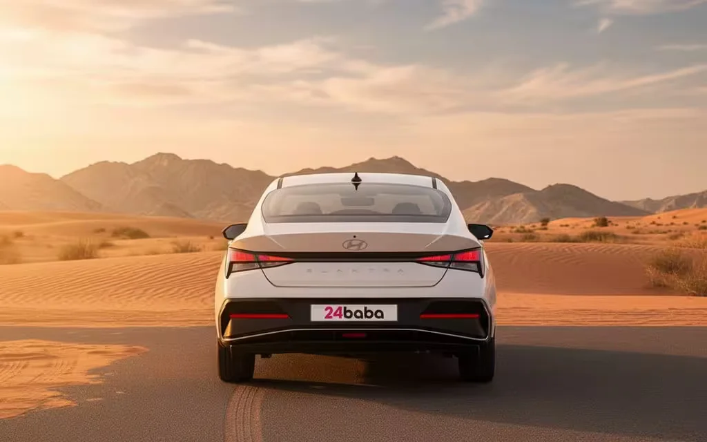 Hyundai Elantra 2025 White rear view showing taillights – rental in Dubai