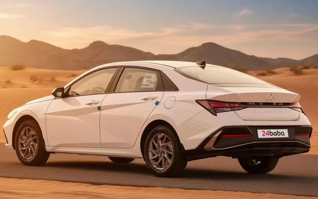 Hyundai Elantra 2025 White parked outdoor scene – rental in Dubai
