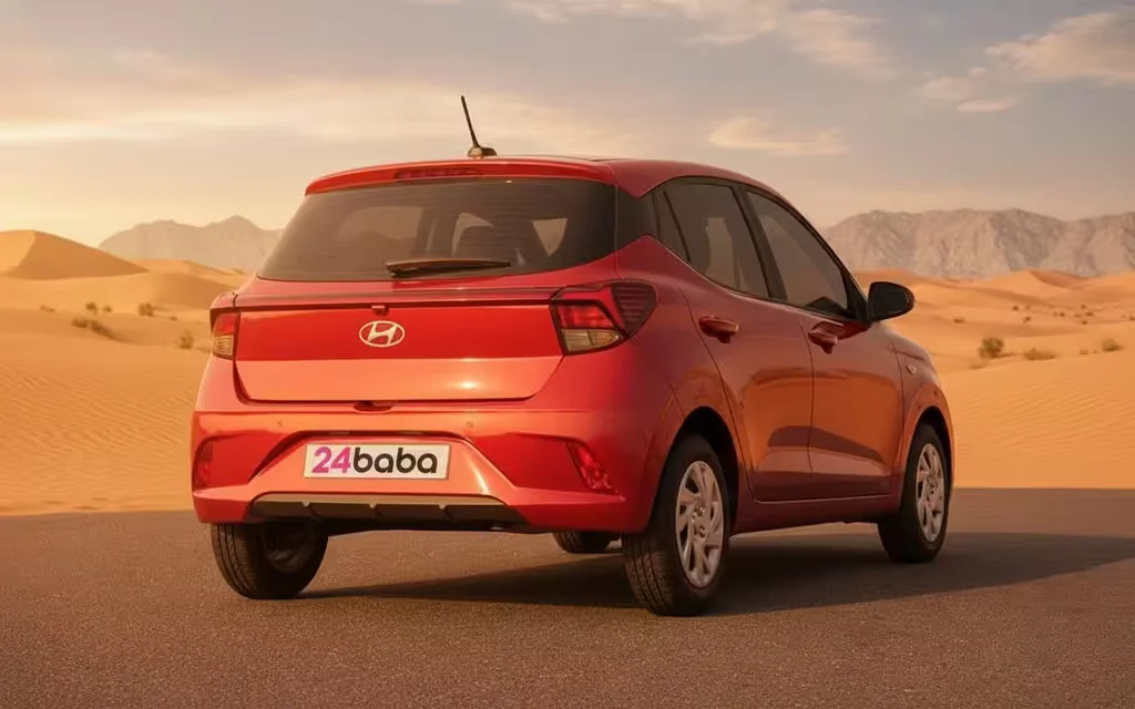 Hyundai GrandI10 2023 Red rear view showing taillights – rental in Dubai