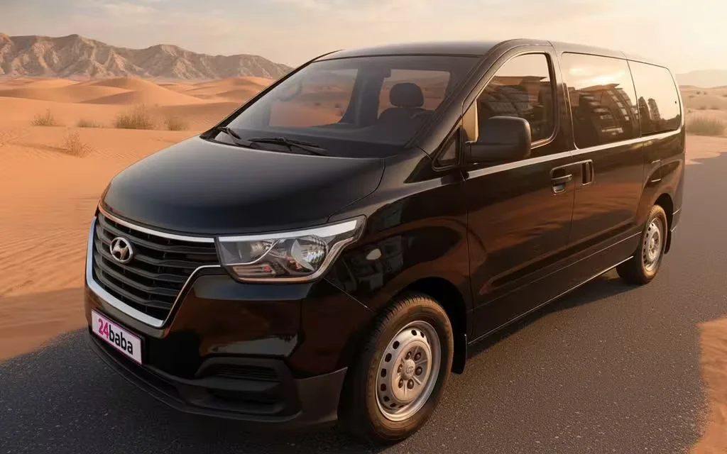 Hyundai H1 2020 Black front view with headlights – rental in Dubai