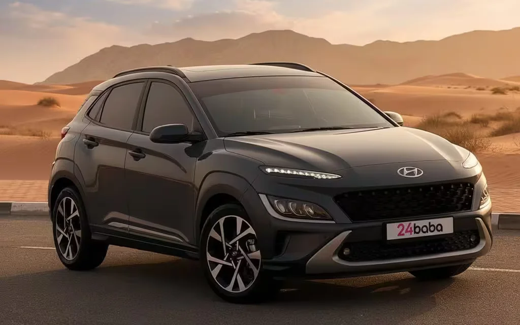 Hyundai Kona 2023 Black front view with headlights – rental in Dubai