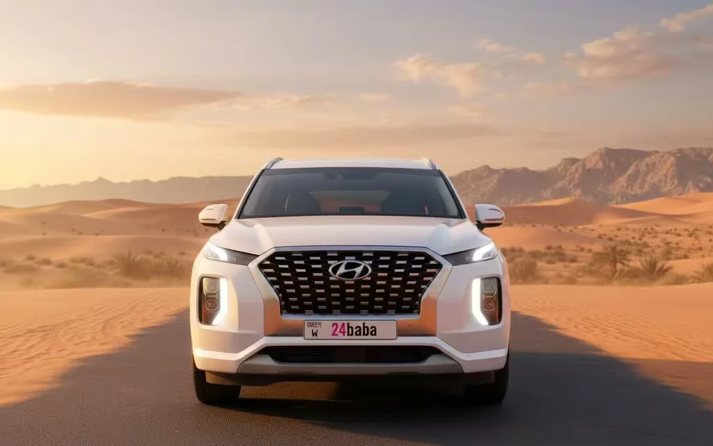 Hyundai Palisade 2021 White front view with headlights – rental in Dubai