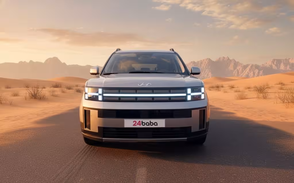 Hyundai SantaFe 2024 Silver front view with headlights – rental in Dubai