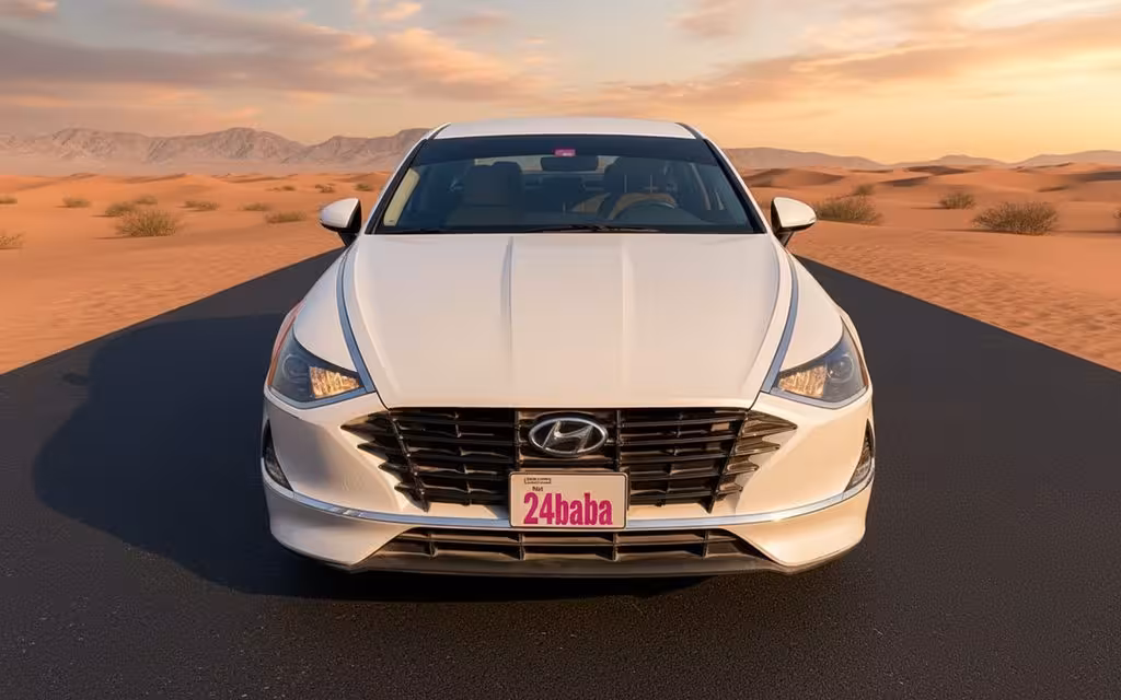 Hyundai Sonata 2020 White front view with headlights – rental in Dubai