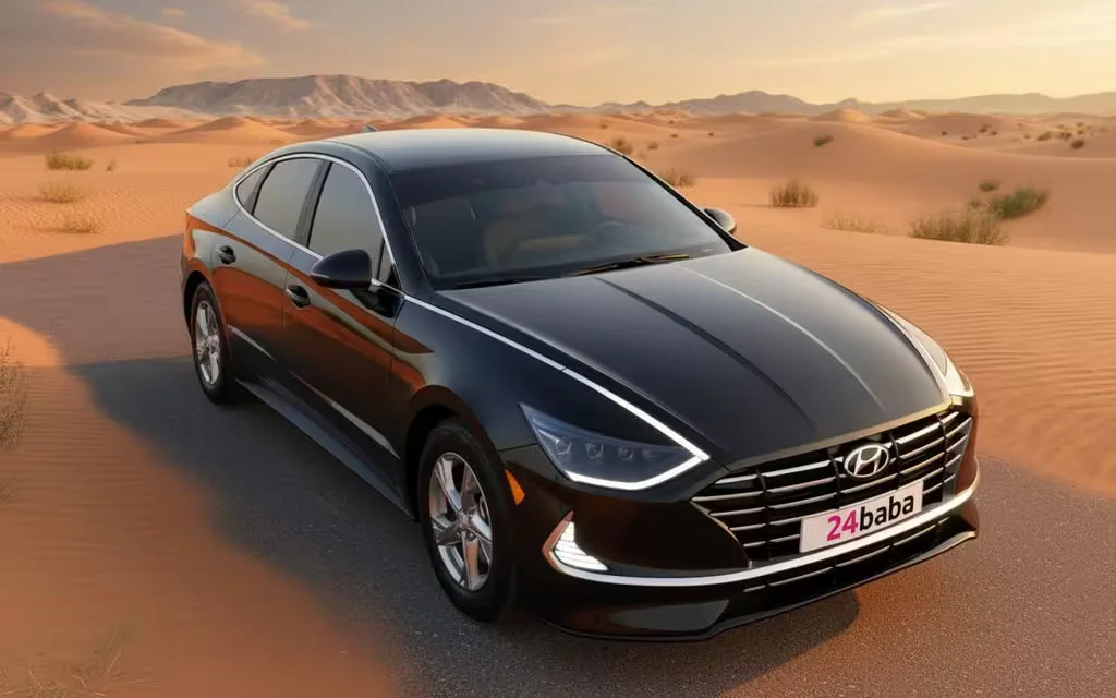 Hyundai Sonata 2021 Black front view with headlights – rental in Dubai