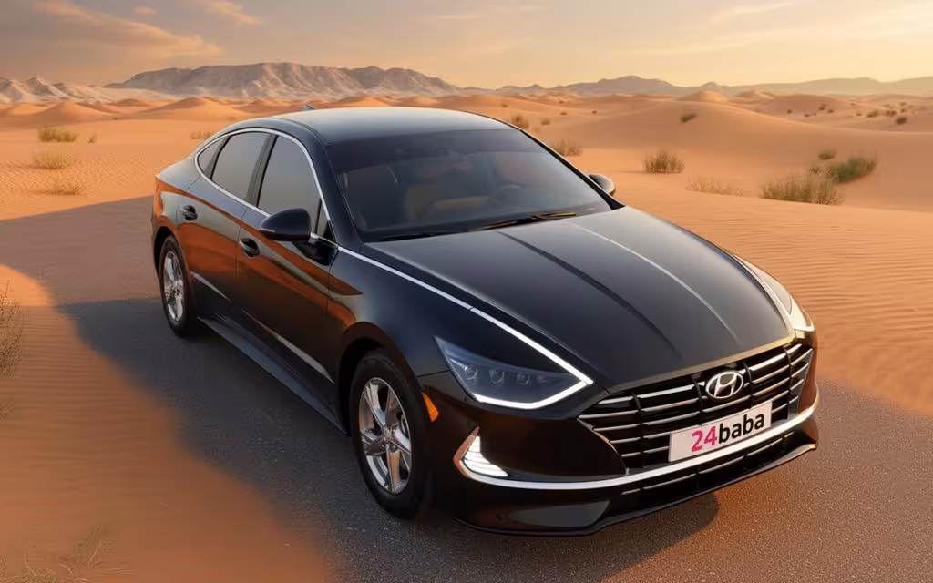 Hyundai Sonata 2021 Black front view with headlights – rental in Dubai