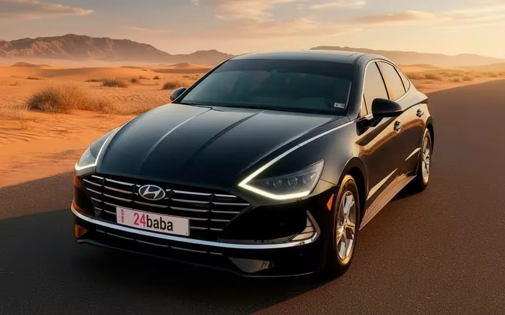 Hyundai Sonata 2021 Black front view with headlights – rental in Dubai