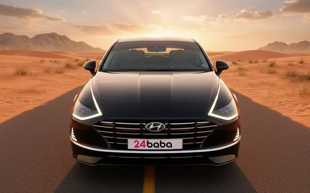 Hyundai Sonata 2021 Black front view with headlights – rental in Dubai