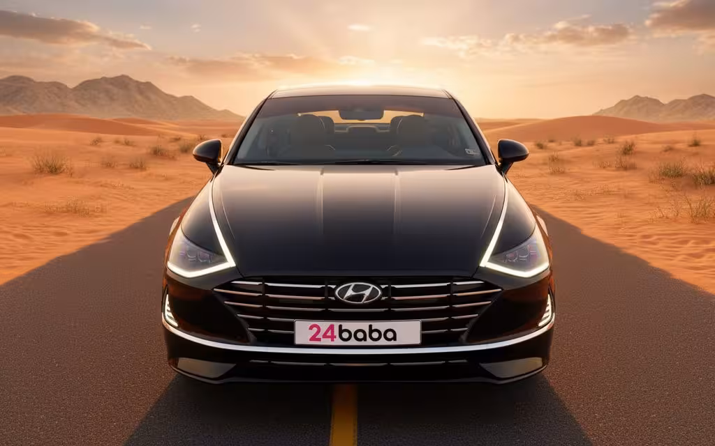 Hyundai Sonata 2021 Black front view with headlights – rental in Dubai