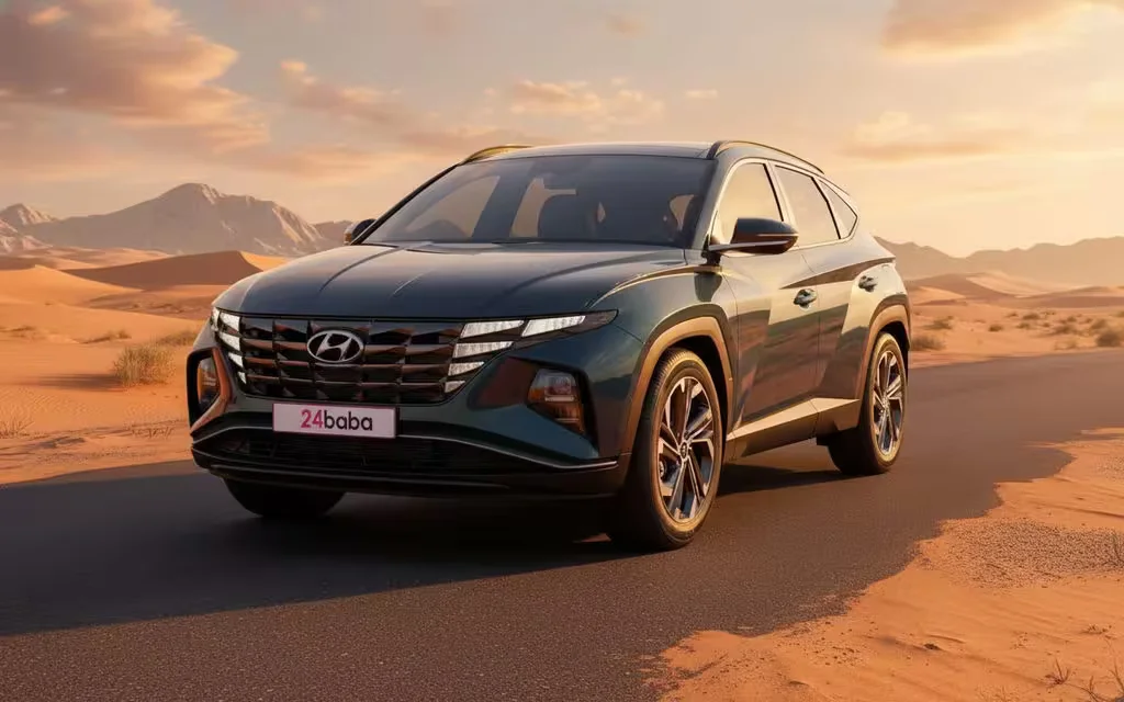 Hyundai Tucson 2023 Blue front view with headlights – rental in Dubai
