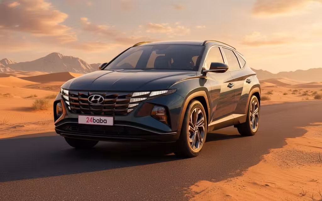 Hyundai Tucson 2023 Blue front view with headlights – rental in Dubai