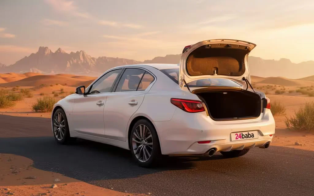 Infiniti Q50 2023 White rear view showing taillights – rental in Dubai